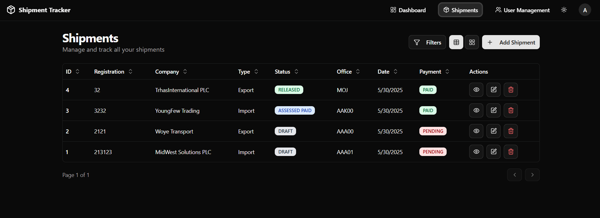 Shipment List (Table View)