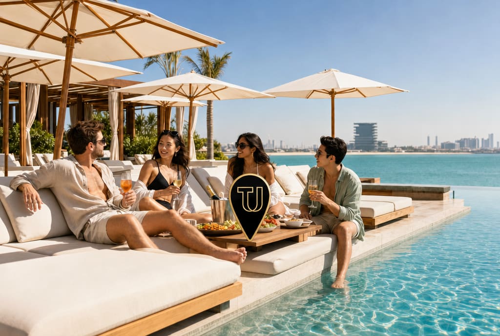 Poolside daybeds at a Dubai beach club