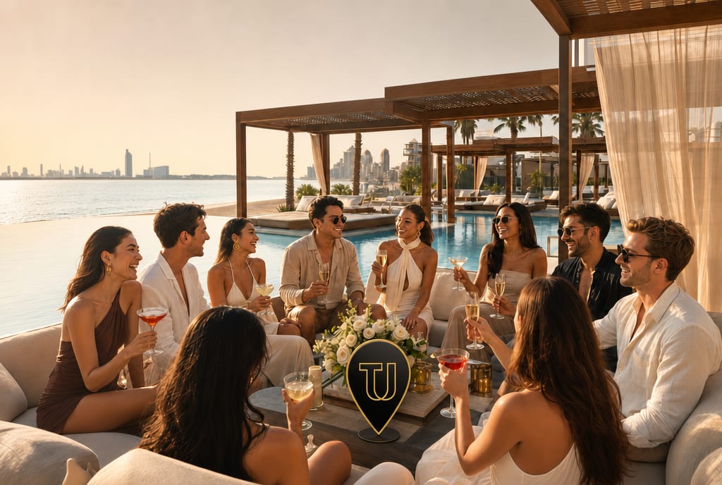 Group celebration cabana at a Dubai beach club