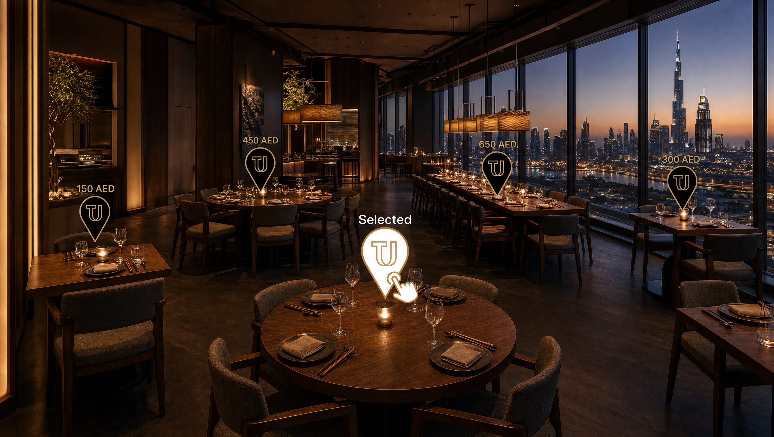 3D tour of a restaurant dining room — guests choose their exact table