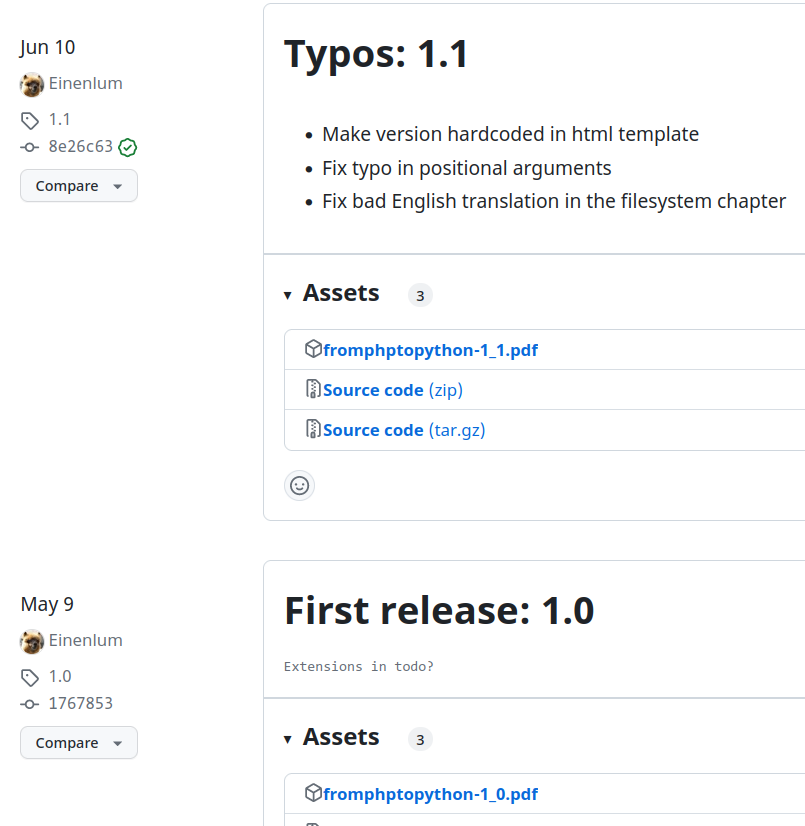 The releases page of my GitHub repository, showing a list of releases with the PDF attached