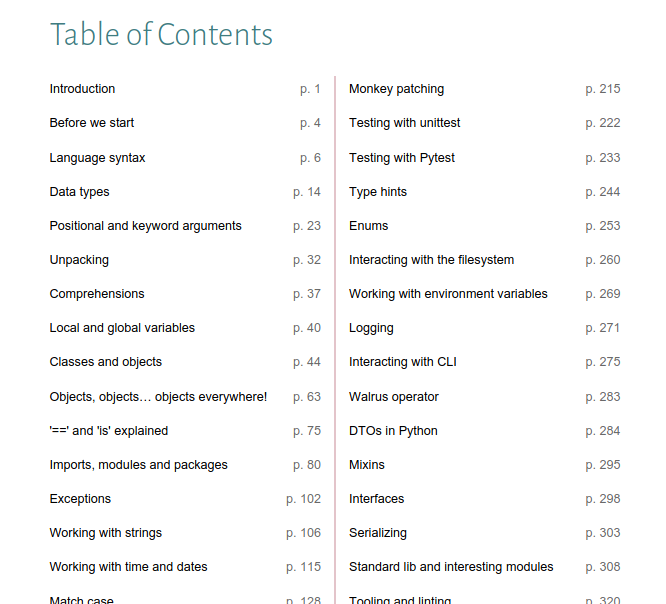 The Table of Contents of my book, as displayed in my PDF