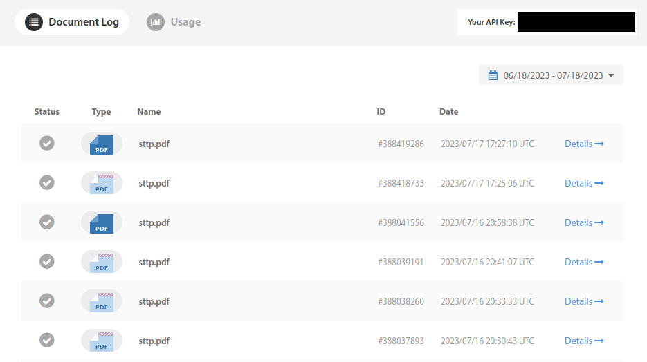 The dashboard of DocRaptor showing a list of documents