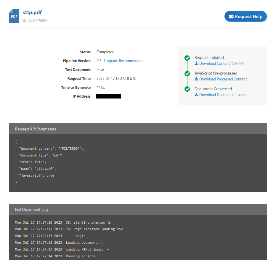 The dashboard of DocRaptor showing the detail of a document