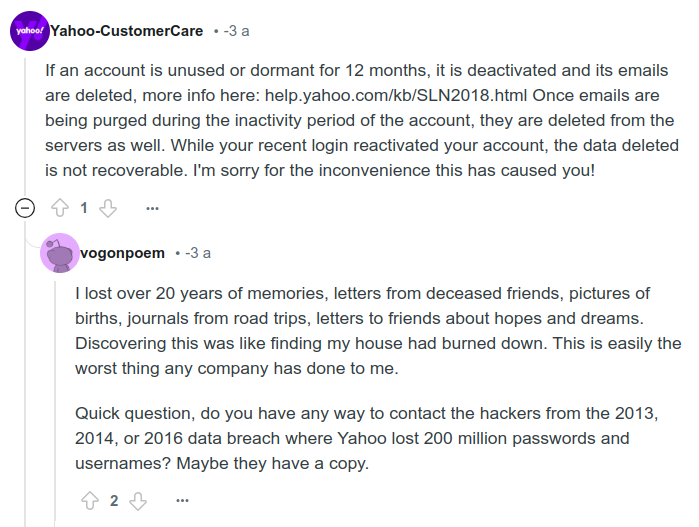 A reddit conversation where a user says that Yahoo deleted all the emails of his dead friend and conversations for 20 years