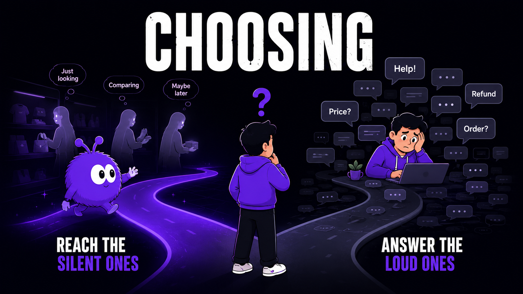 A store owner weighing two paths: a proactive mascot reaching browsing visitors who never click, versus a support inbox handling incoming questions across email, Messenger, and Instagram.