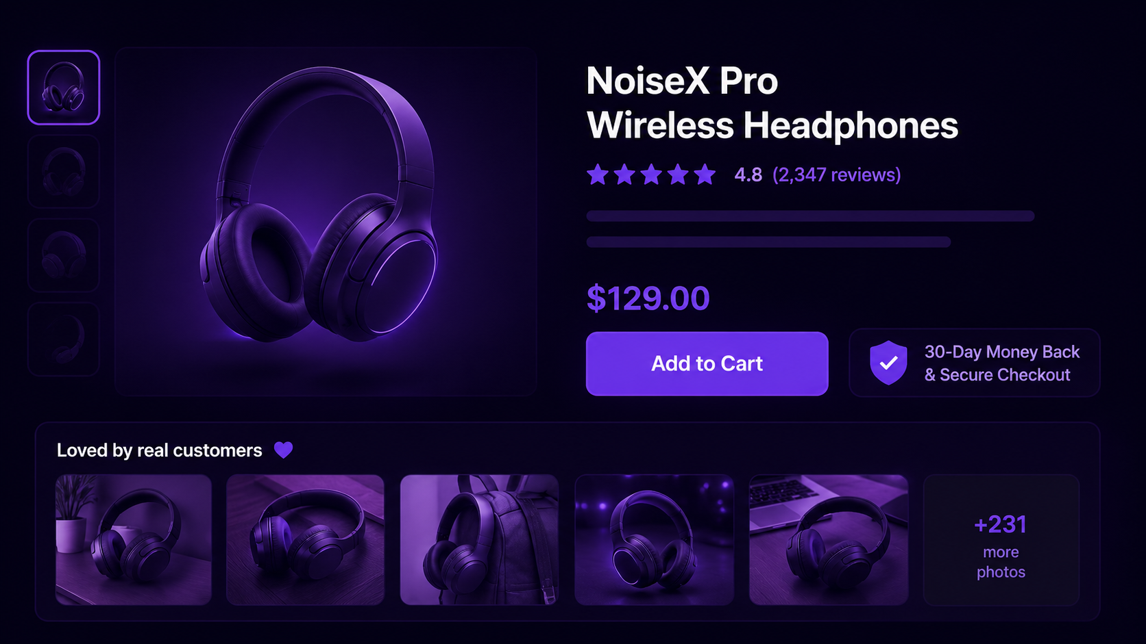 A product page with a star rating and review count under the title, a gallery of customer photos lower down, and a trust badge beside the Add to Cart button.