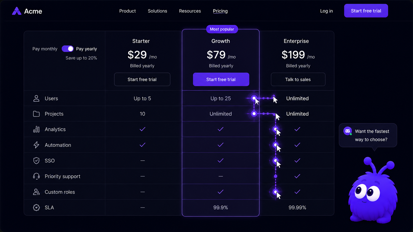 A SaaS pricing comparison table with the cursor tracing cell by cell down the two right-hand tiers, while a small agent prompt offers to explain the difference that matters for the visitor's use case.