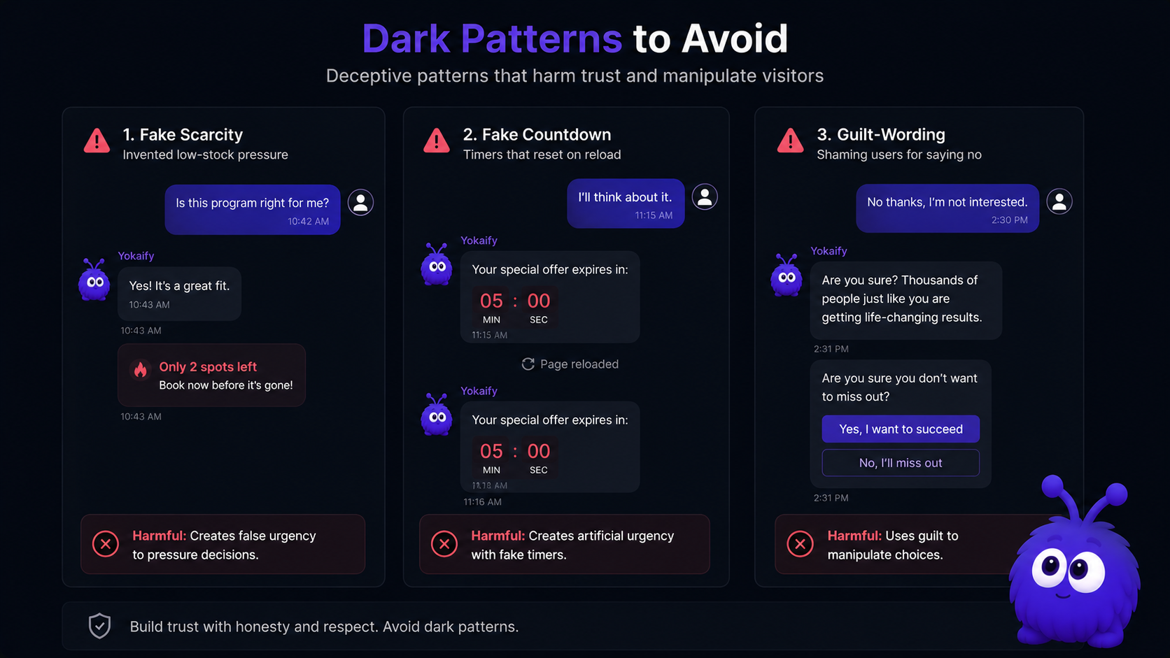 Three flagged chat examples side by side: a fake low-stock badge, a countdown timer that resets on reload, and a guilt-worded refusal button, each marked as a harmful pattern.