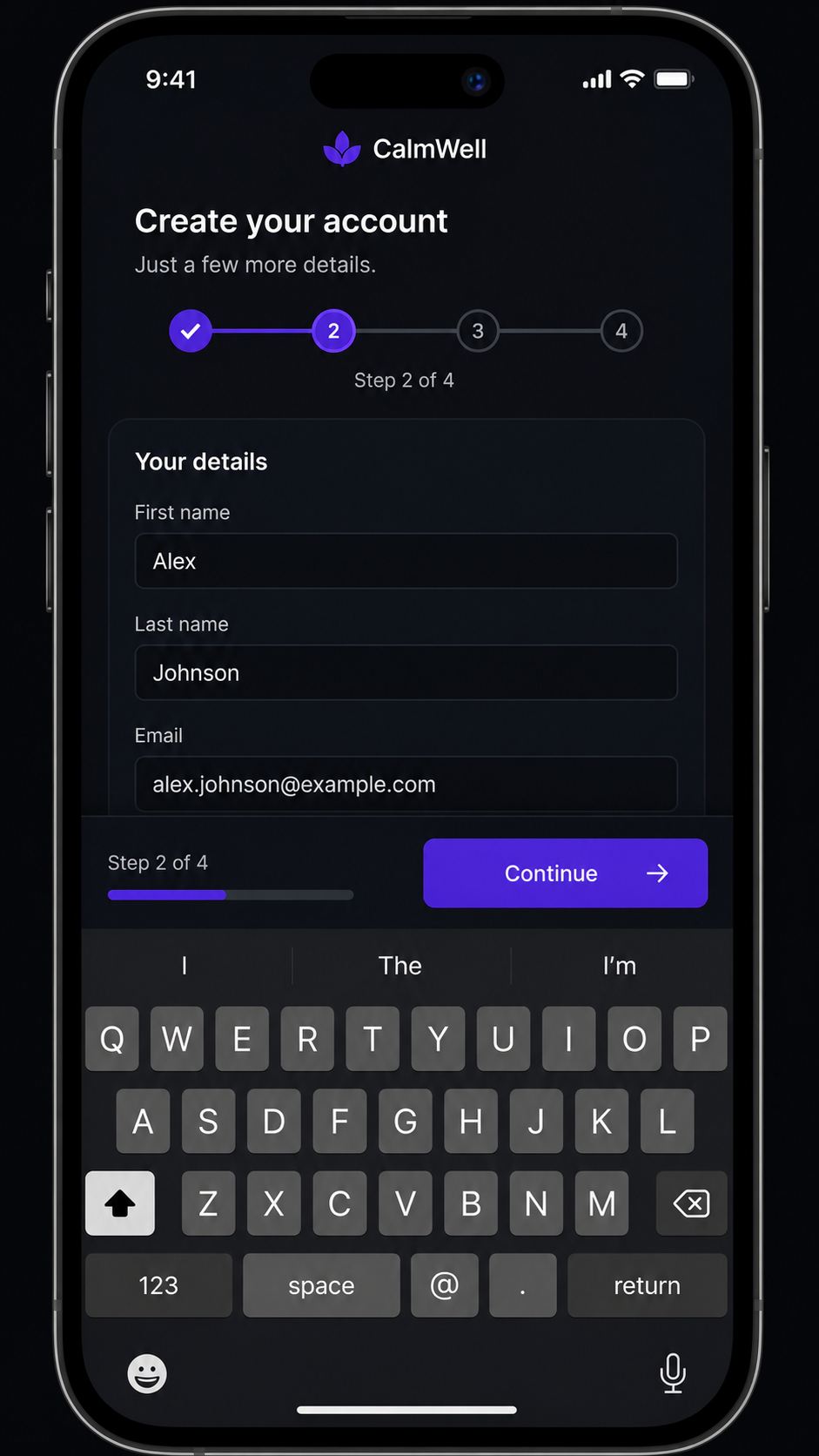 A mobile multi-step form with a sticky footer showing a progress indicator that reads step 2 of 4 and a large Continue button sitting above the on-screen keyboard.