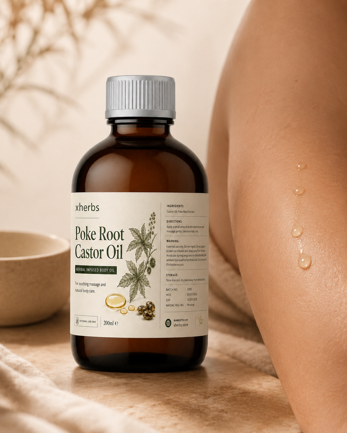 xHerbs Poke Root Castor Oil 200ml, a herbal-infused body oil for external massage