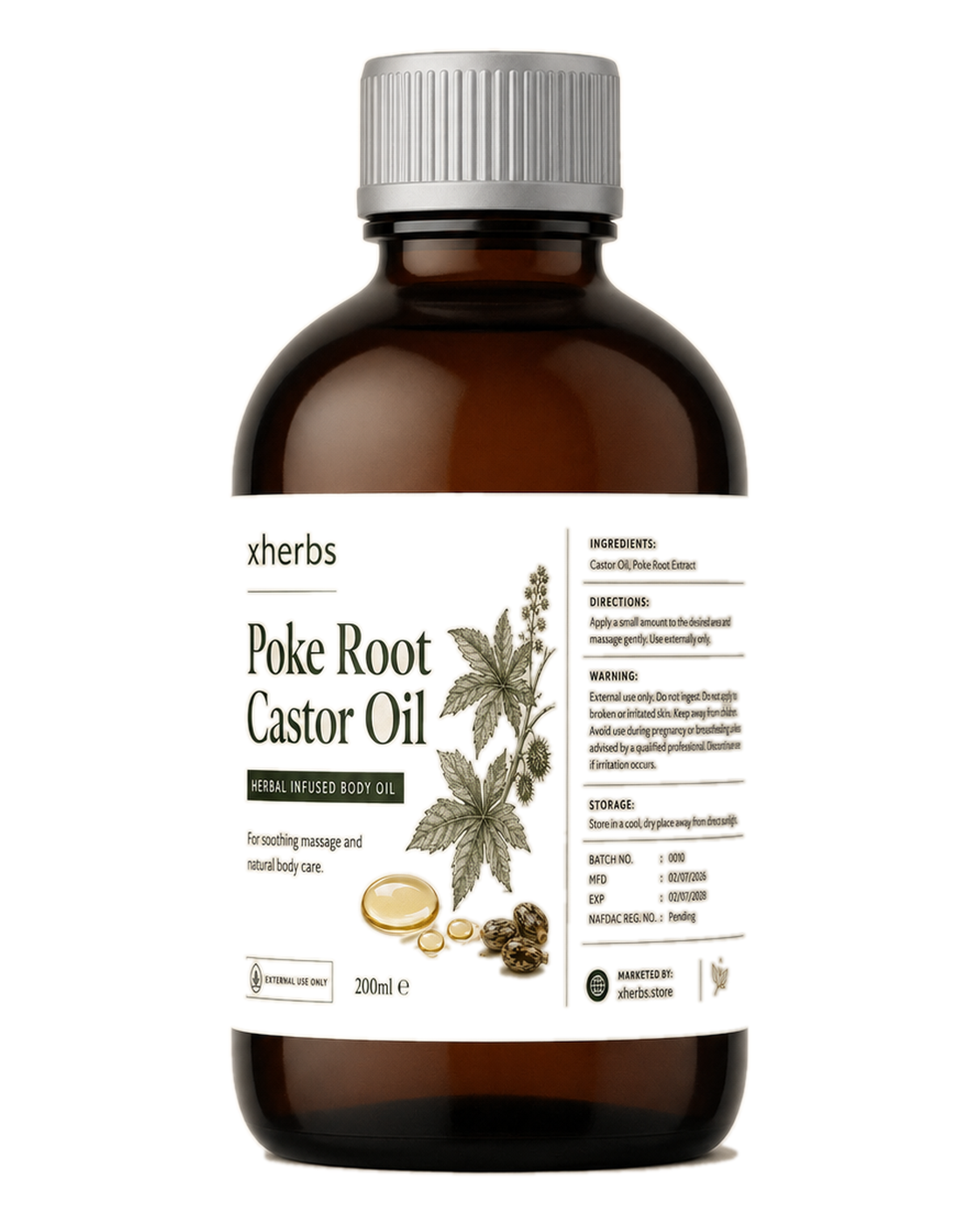 xHerbs Poke Root Castor Oil 200ml bottle with ingredients and warnings on the label