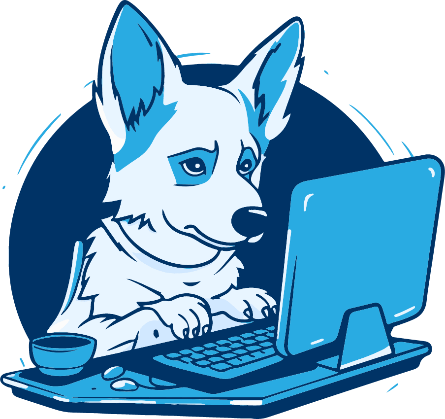 A dog programming a website. He is focussed on his work and typing on a keyboard.