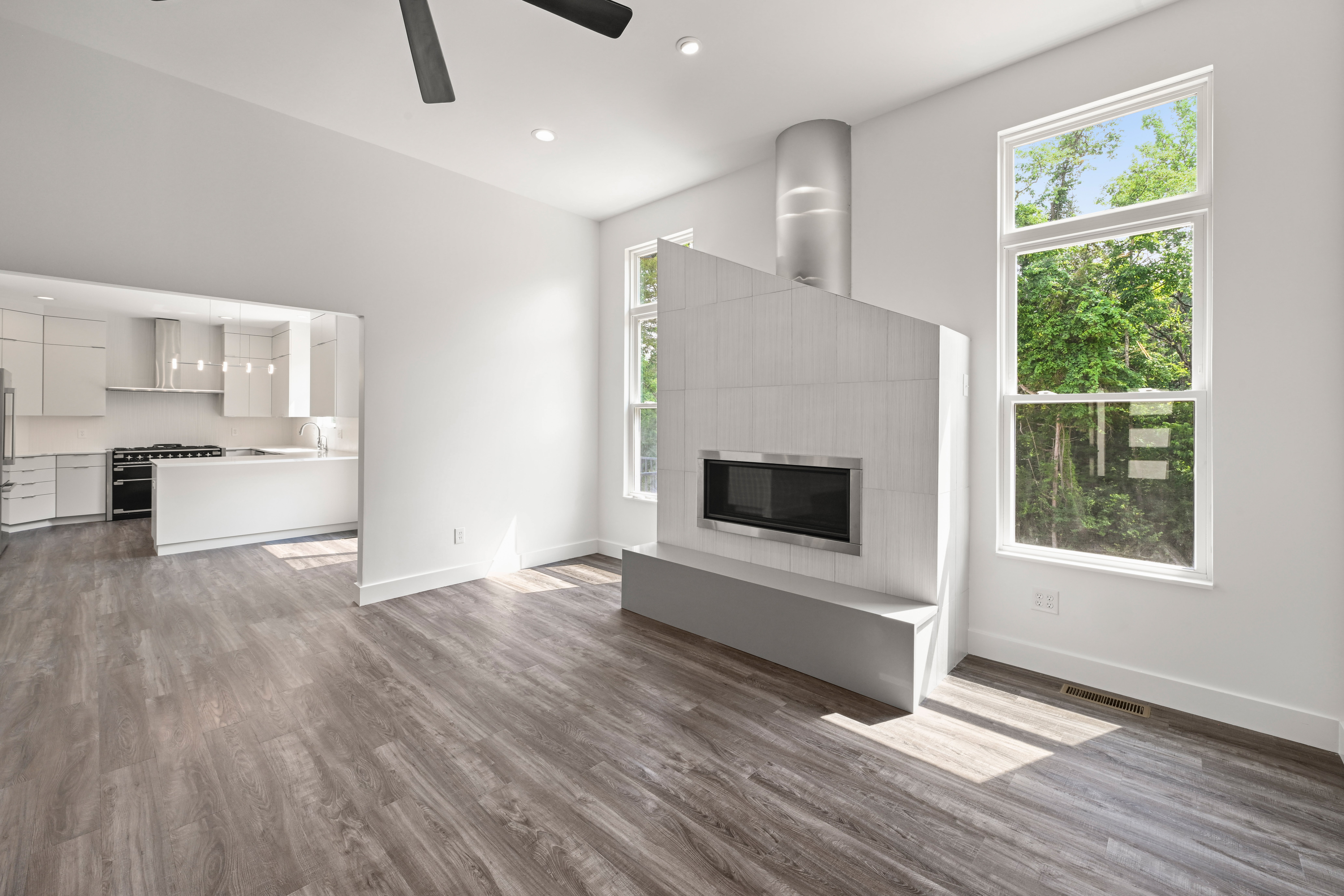 Kitchen backsplash and floating shelves detail