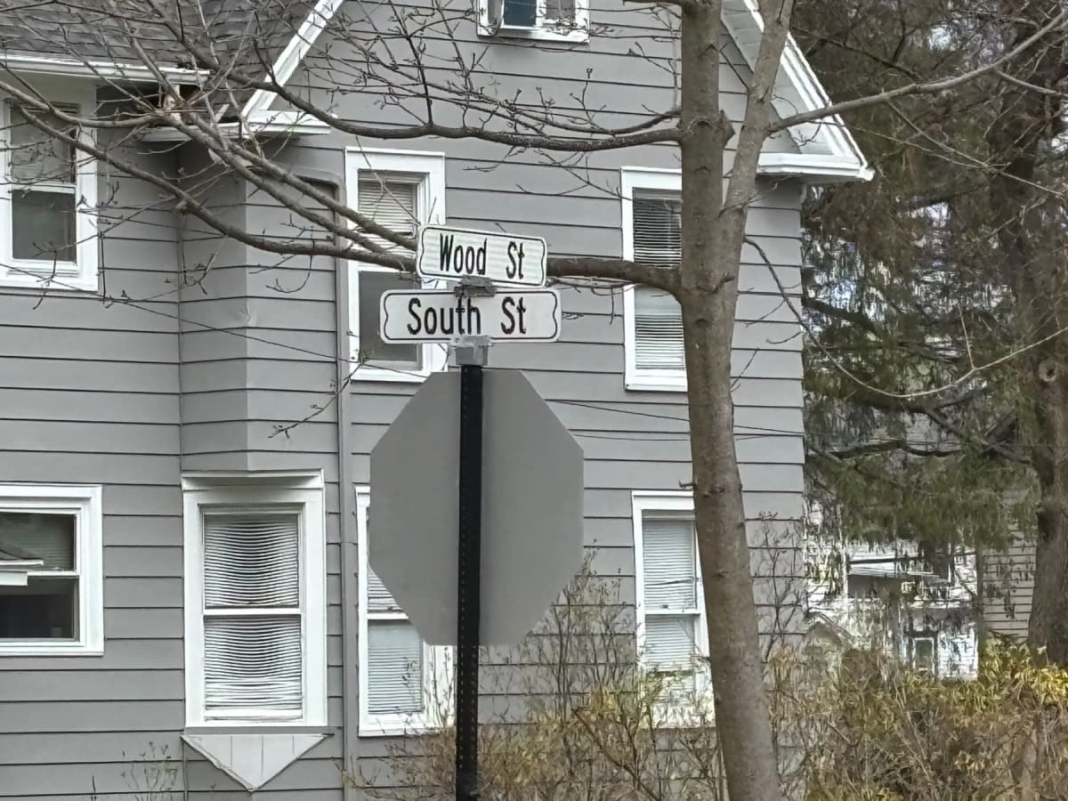 Wood Street and South Street intersection sign on a pole in front of a gray house with white trim.