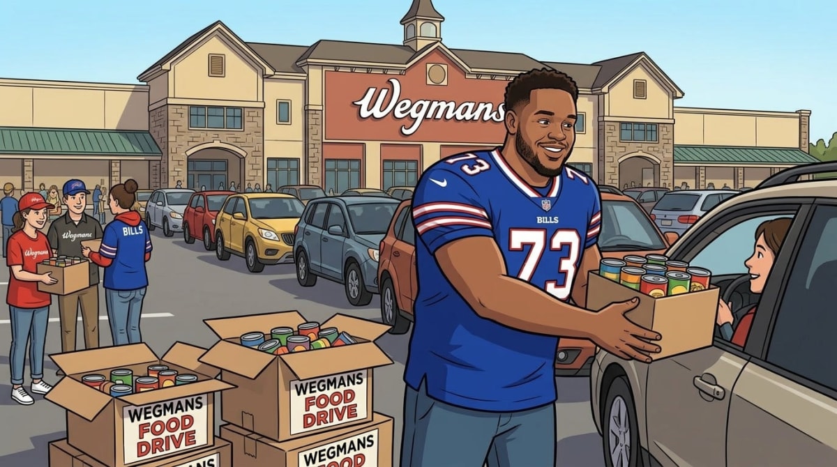 Huddle for Hunger Comes to Rochester: Dion Dawkins and Wegmans Bring the Bills' Food Drive to Calkins Road