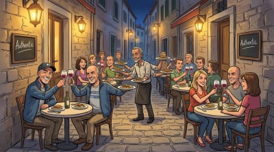 He finally found a restaurant with no tourists in it. The tourists at the other seven tables are thinking the same thing.