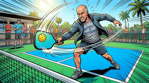 # Alt Text
A man in University of Pittsburgh gear hits a pickleball on an outdoor court with spectators watching in the background.