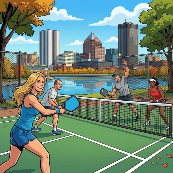 # Alt Text
Group of players enjoying a pickleball game on an outdoor court with a city skyline and river in the background.