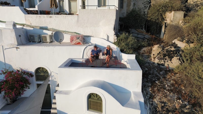 Our drone found us before we noticed it. This is the terrace where the sunset happened every night.