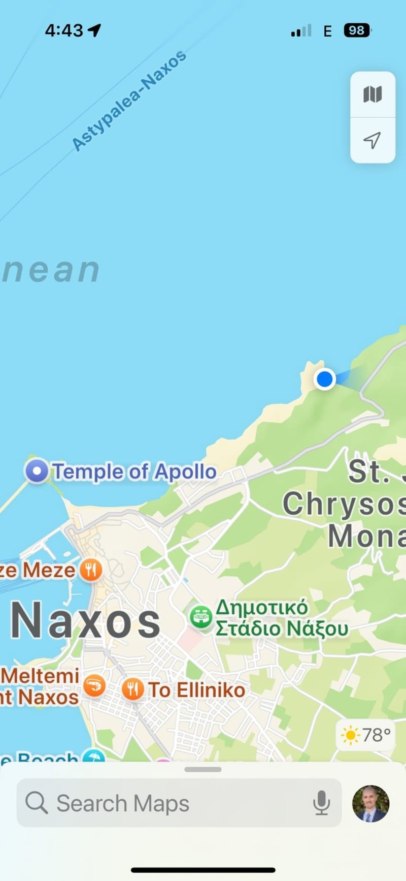 Where we were. The blue dot sits above the Portara on the northern headland — that's where the trail runs.