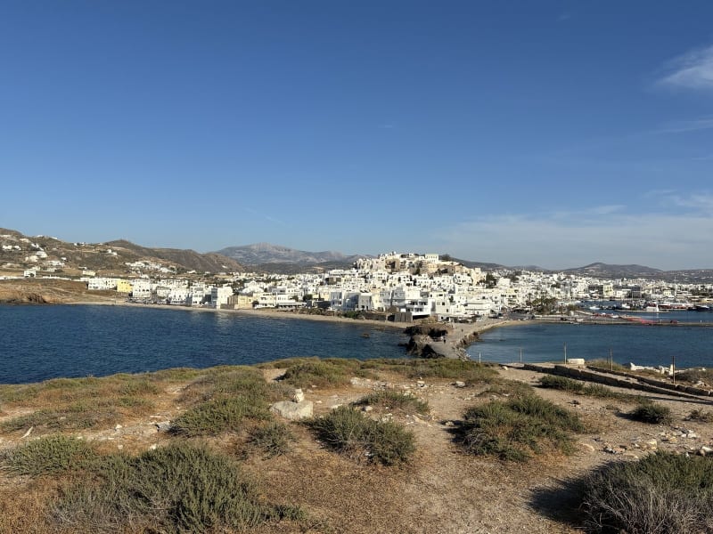The view coming in. That mountain behind the town is Mt. Zas — as in Zeus. The island doesn't undersell itself.