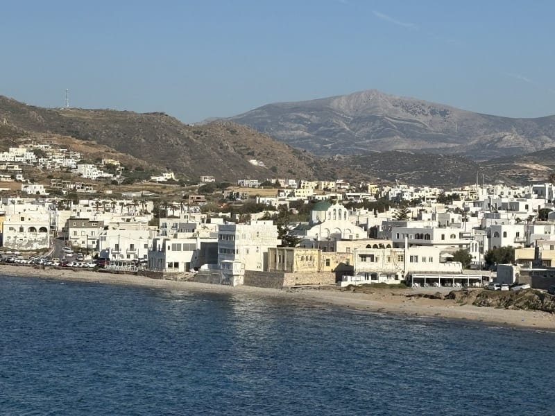 Leaving Naxos from the water. The mountain stays with you.