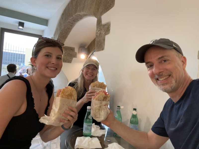 Toasting sandwiches at 'Ino with Julia. Best meal of the trip. Cost almost nothing.