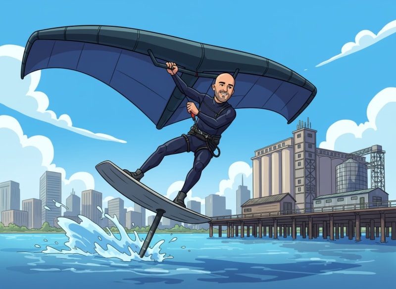 A foil boarder performs a trick on water with a blue wing sail near an urban waterfront and industrial pier.