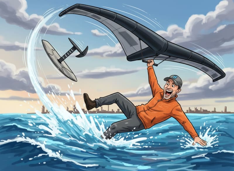 # Alt Text
Kitesurfer riding waves with kite overhead, city skyline in background, dynamic water action scene.