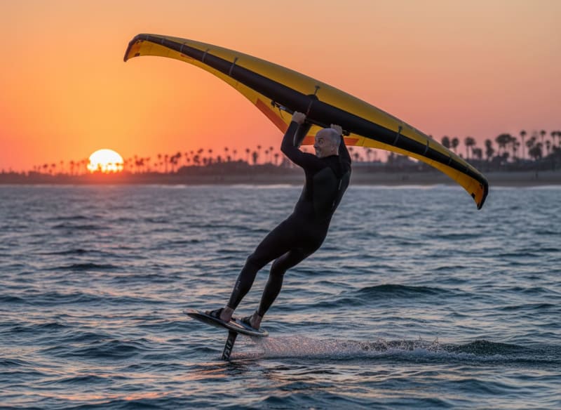 Kiteboarder in black wetsuit holds yellow kite overhead while riding foil board at sunset with palm trees silhouetted on horizon.