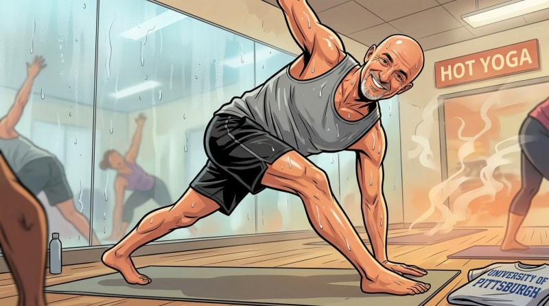 # Alt Text
A man performs a yoga pose in a hot yoga studio with other participants visible in the background.