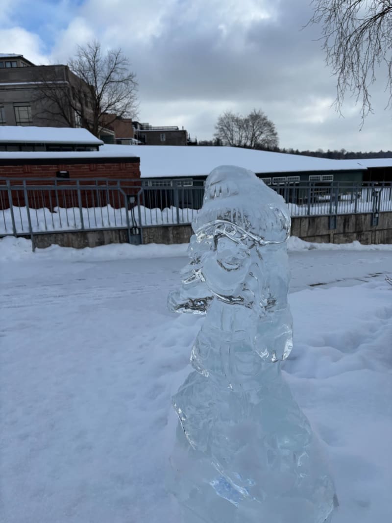# Alt Text
An ice sculpture of a smiling figure stands in a snowy courtyard with buildings and bare trees in the background.
