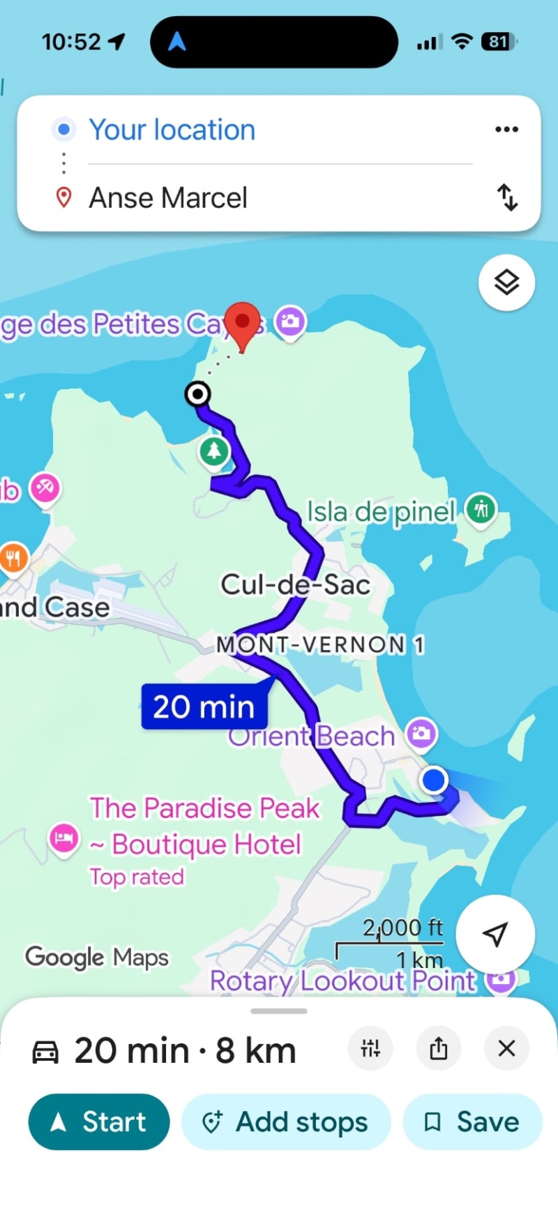 Google Maps route from Anse Marcel to The Paradise Peak Boutique Hotel showing 20 minute drive through Cul-de-Sac and Mont-Vernon.
