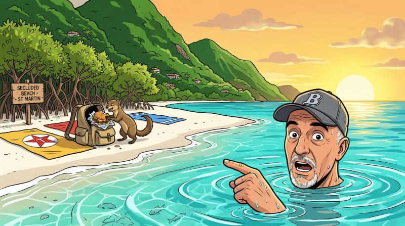 Man in water pointing excitedly at secluded beach with otter and backpack on sand.