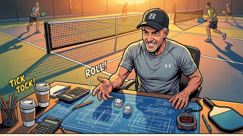 Coach enthusiastically rolling dice over tennis strategy blueprint at desk with courts in background.