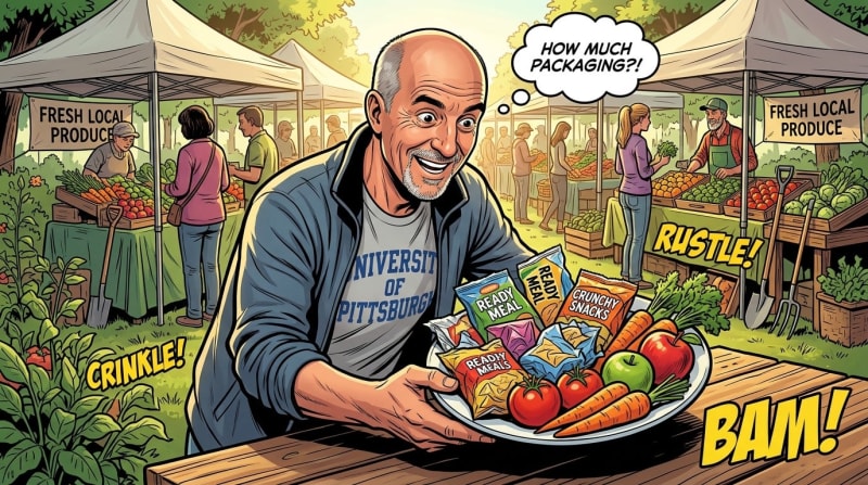 Man at farmers market holds plate of fresh produce and packaged snacks with speech bubble questioning packaging.