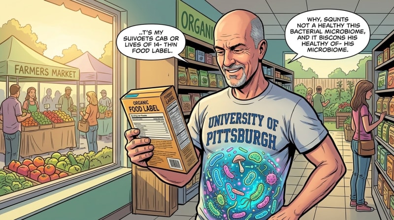A man in a University of Pittsburgh microbiome t-shirt holds an organic food label while shopping at a health food store.