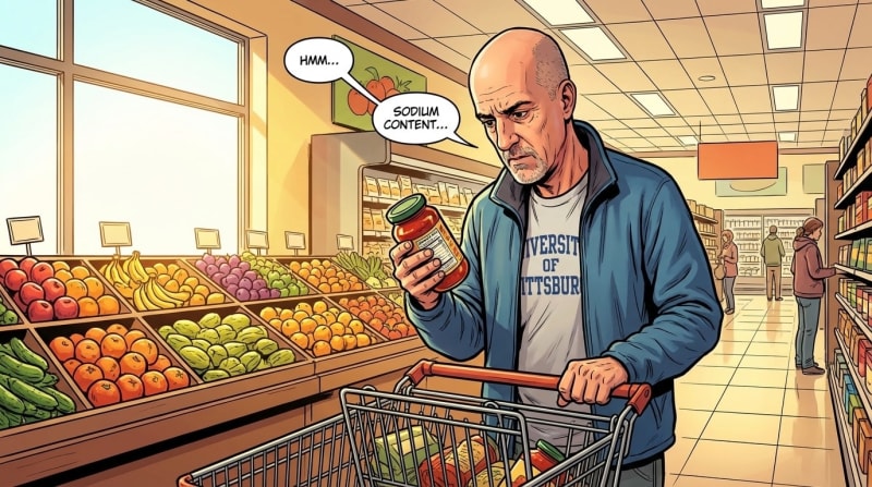 Man reading sodium content label on jar in grocery store produce section.