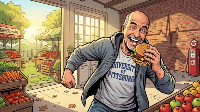 A smiling man in a University of Pittsburgh shirt enjoys a burger in a farmers market setting with fresh produce and vintage gas pump.