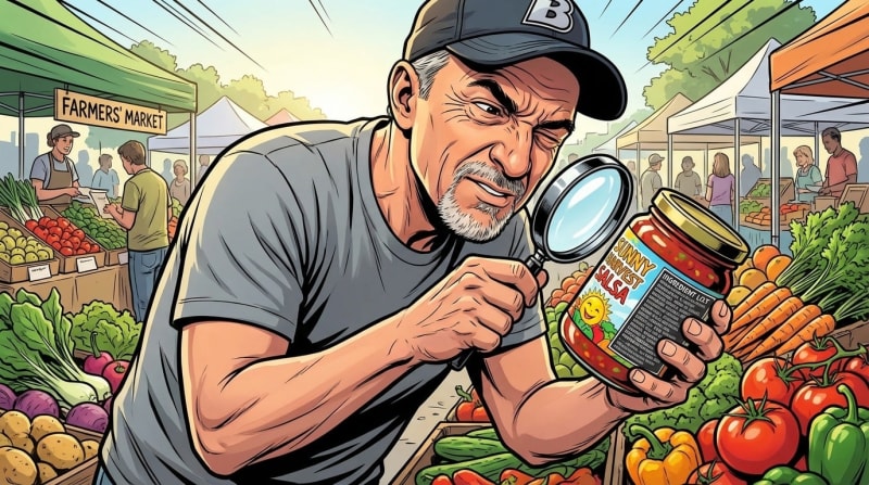 Man examining a jar label with magnifying glass at a farmers market surrounded by fresh produce.