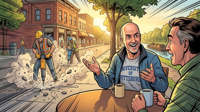 Two men chat over coffee while construction workers break pavement on a Pittsburgh street.
