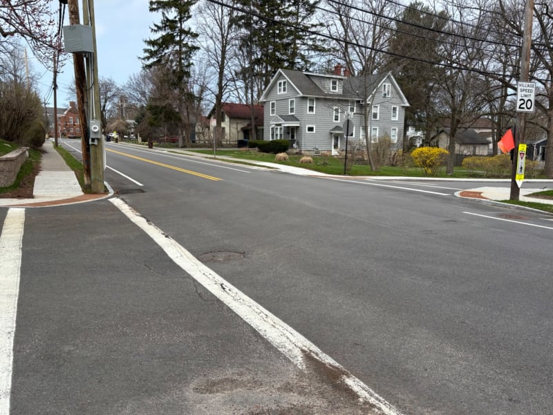 A quiet residential street with a speed limit of 20 mph, lined with historic homes and bare trees on a spring day.