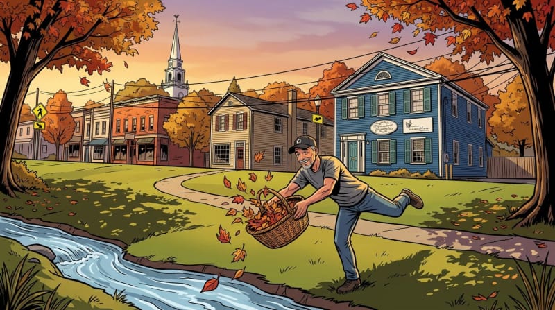 A man collects fall leaves in a basket in an autumn New England town with historic buildings and a church steeple.
