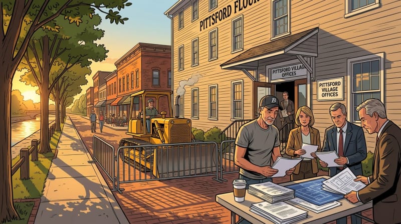 Pittsford Village officials and residents review development plans at an outdoor community meeting near historic buildings.