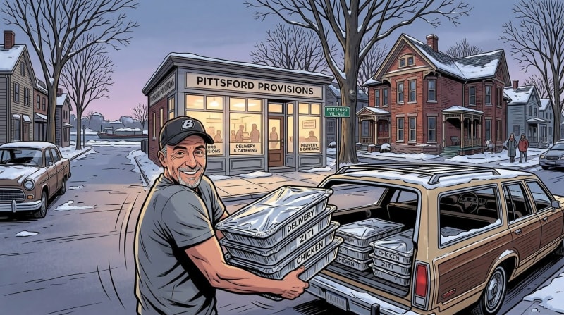 A delivery driver loads aluminum containers of chicken into a station wagon outside Pittsford Provisions in a snowy small town.