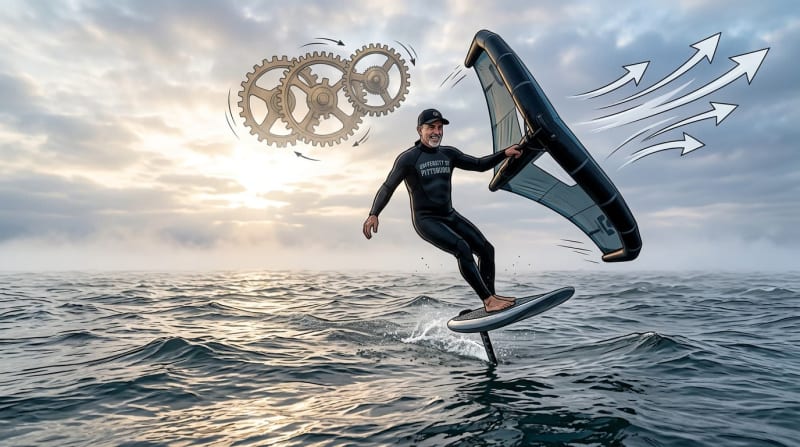 A kitefoiler in black wetsuit balances on a hydrofoil board while holding a kite, with gear icons and upward arrows symbolizing progress and performance.