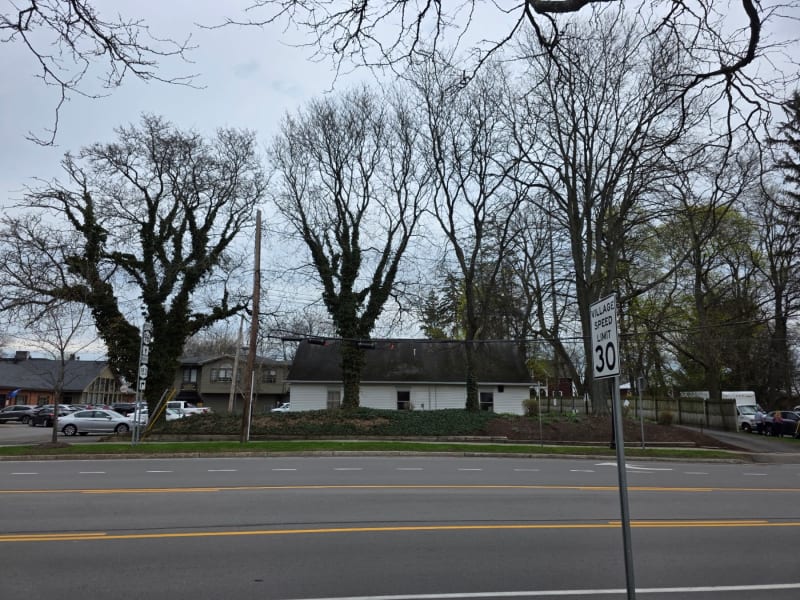 Village street with speed limit sign, bare trees, white house, and parked cars on residential road.