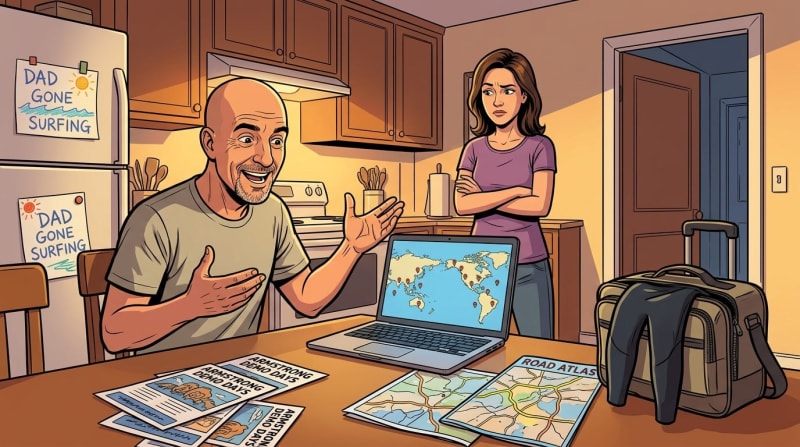 He told his wife it was a vacation. The itinerary is six demo days in four states.