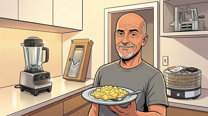 The kitchen has a $400 blender, a dehydrator, and a mandoline still in the box. Tonight: scrambled eggs.